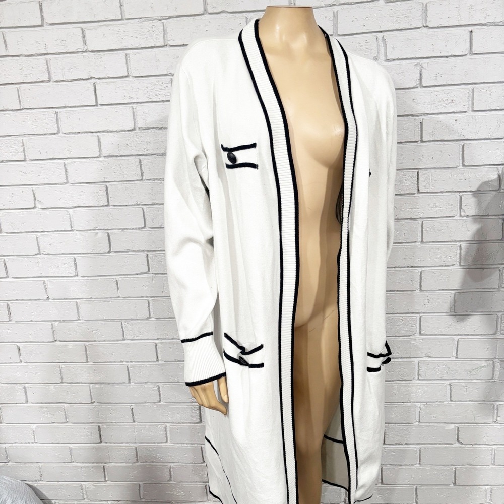 Cleo White Black Contrast Trim Longline Duster Cardigan Boho Elevated Chic XXL